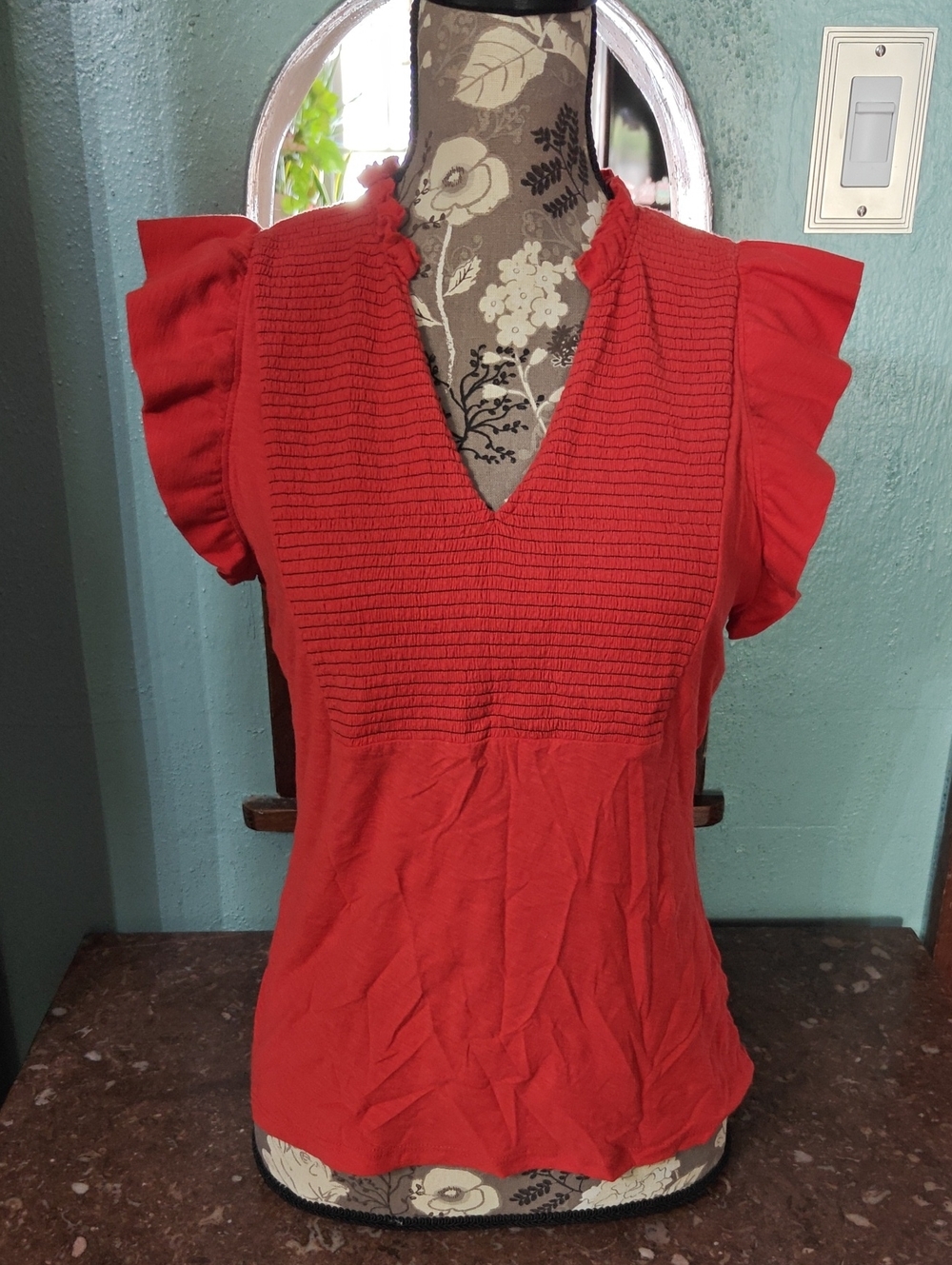 NATION LTD Red Smocked V-Neck Ruffle Sleeve Top